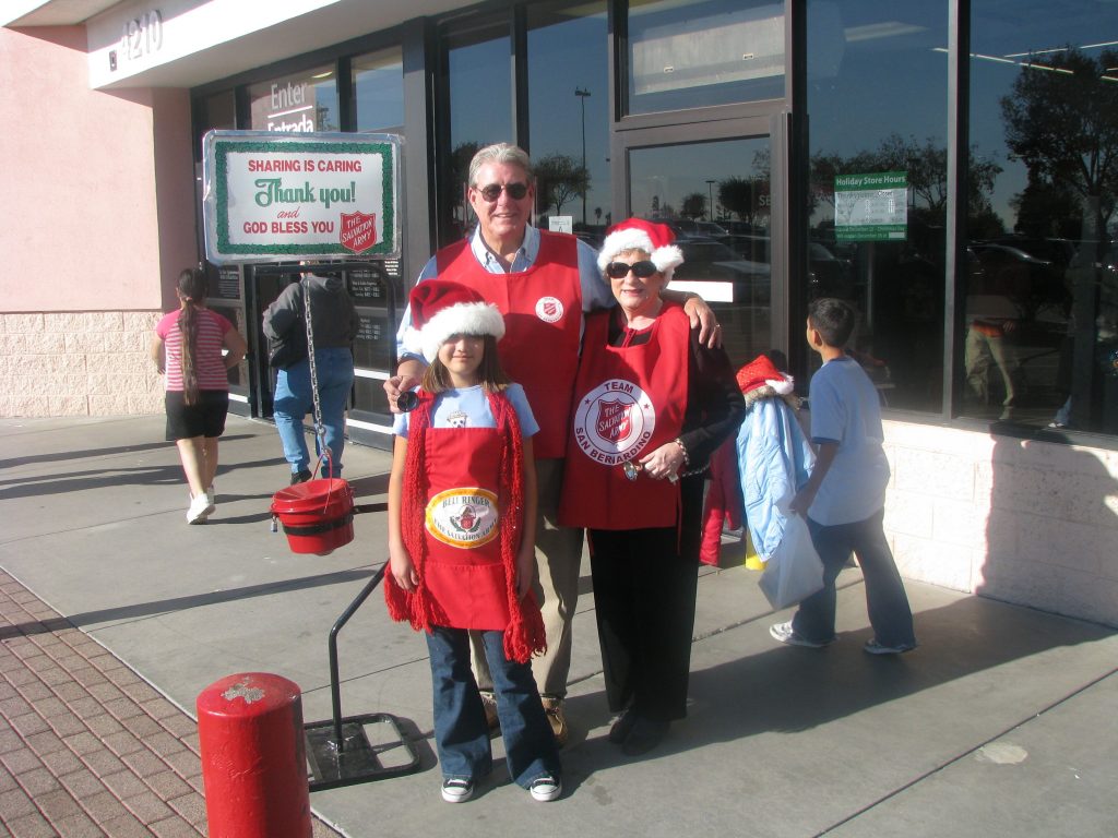 Roslyn Billings (Salvation Army Advisory Board member)  and family volunteer as a Salvation Army bellringer! If your family, organization or business can supply enough people to ring bells at one of the San Bernardino Corps Red Kettle locations for an entire day, please volunteer by calling (909) 888-1336.  