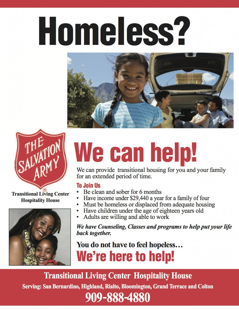 Salvation Army Homeless Shelter Recruitment poster/Flyer.  For more information call Carl Dameron @ (909) 534-9500